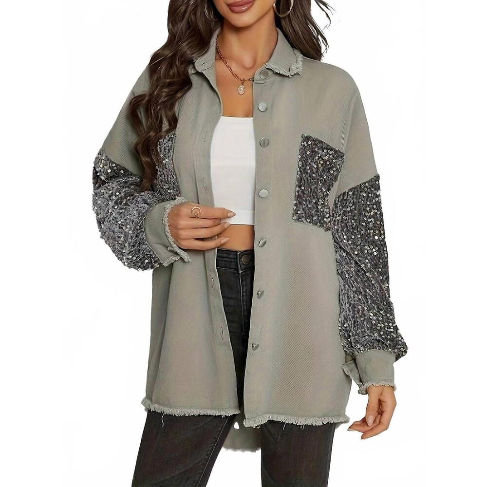NEW COLOR THEORY sequin sleeve shacket in grey